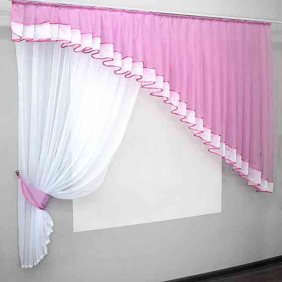 Кухонний комплект VR-Textil № 062к шторка з ламбрекеном рожевий з білим 200х170 см (50-862) Київ