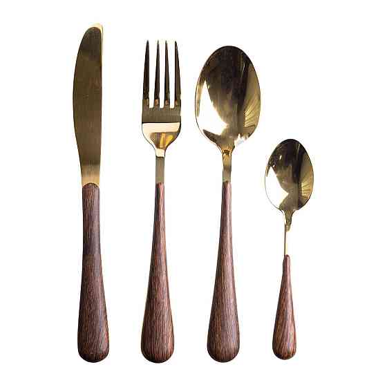Набір столових приборів на 6 персон з дерев'яними ручками на підставці столові прибори 24 шт Золото HP-20-2 Коломия