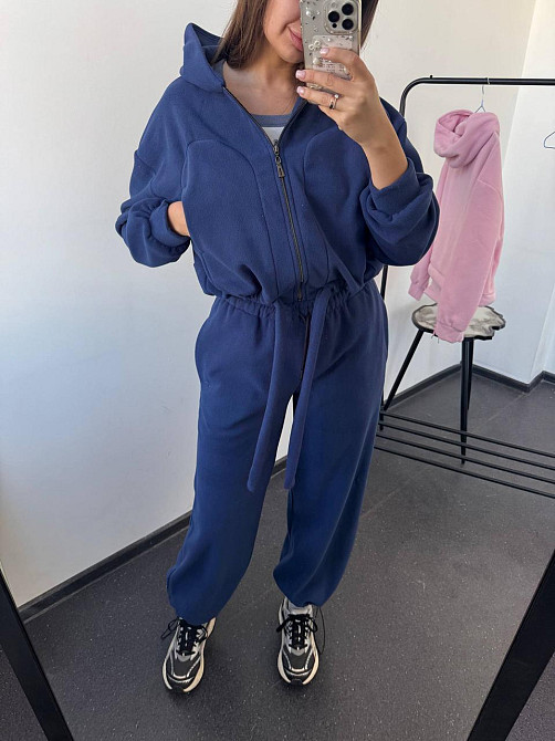 Жіночий теплий прогулянковий костюм-двійка: худі та штани двосторонній поліс фліс Темно-синій, 42/44 Одеса - фото 3