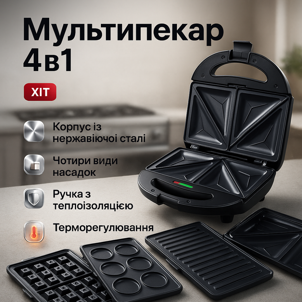 Електрична вафельниця настільна Domotec, Бутербродниця 4 в 1 для офісу, Притискний електро гриль ZL-10 Київ - фото 17