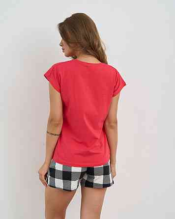 Жіноча піжама комплект із шортиками в карту — Кава, котики та книги Nicoletta 60244 S, Червоний, Рожевий, Жовтий Київ