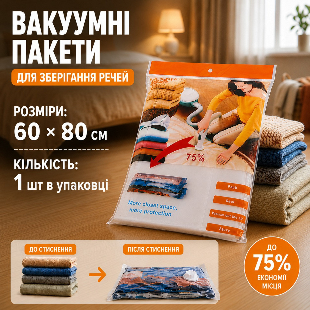 Вакуумный пакет с Zip-замоком для хранения одежды вещей багажа, с клапаном мешок вакуумный для хранения, 60х80 см Каменец-Подольский - изображение 10