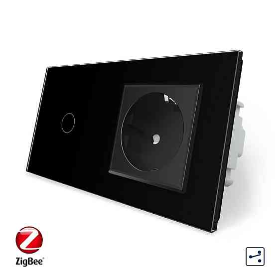 Розумний сенсорний прохідний/перехресний вимикач 1 сенсор 1 розетка Livolo чорний скло (VL-C701SZ/C7C1EU-12) Коломия