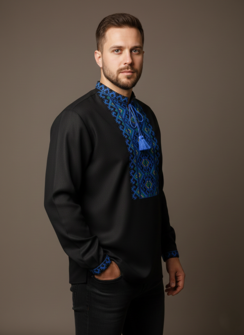 Черная мужская вышиванка из домотканого полотна с ярким орнаментом Киев - изображение 2