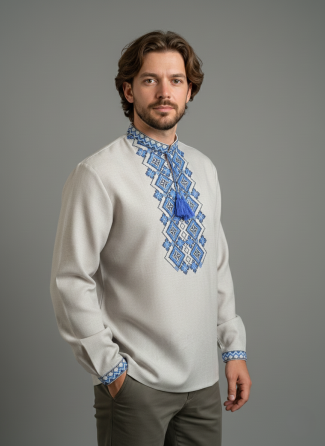 Украинская мужская вышиванка с длинным рукавом в цвете беж. Киев