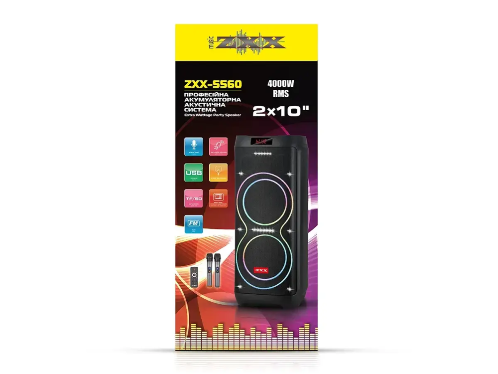 Портативна акустична колонка ZXX-5560 100Вт, 2×10" динаміка, TWS/FM/USB/TF/BT/LED, 2 мікрофони, пульт ДК, акумуляторна Одеса - фото 1