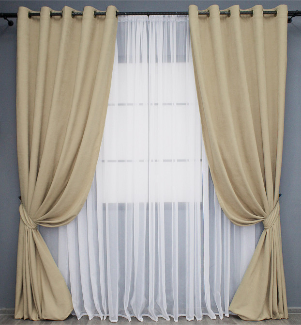 Комплект штор на люверсах VR-Textil Микровелюр Petek № 1491ш 150х280 см 2 шт Бежевый (37-0215) Киев - изображение 2