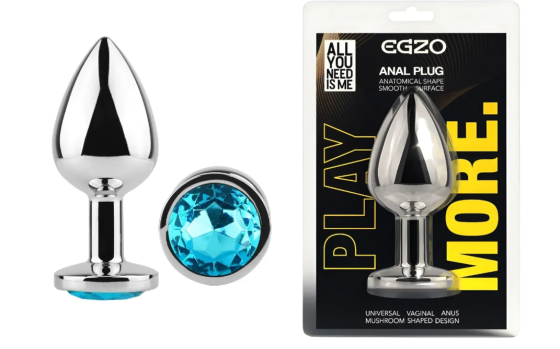Анальна пробка із кристалом EGZO - Silver Round Plug Aqua size M Sex Aura Київ