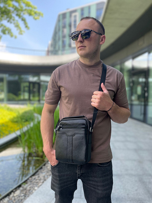 Шкіряна чоловіча сумка-барсетка 21х25х6, месенджер з ручкою Tiding Bag 73957 чорна Київ - фото 8