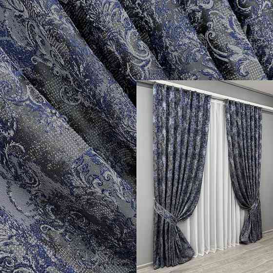 Комплект готових штор VR-Textil Льон Преміум № 1835ш Сірий з синім 150х295 см 2 шт (33-0827) Київ