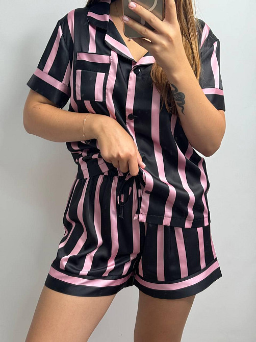 Женская пижама сатиновая Черно-розовый полоска M-L Харьков - изображение 3
