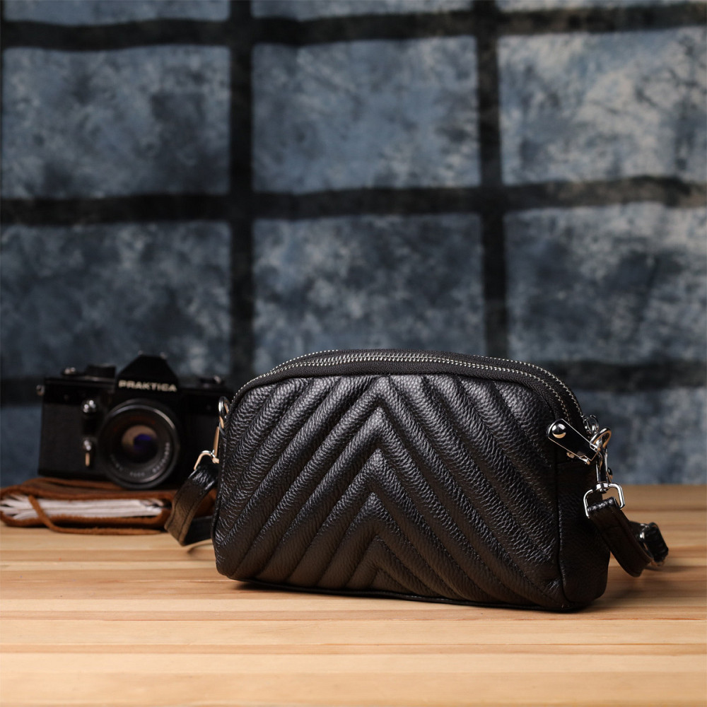 Стильна сумка прошита трикутниками із натуральної шкіри Vintage 22909 Чорний Київ - фото 10