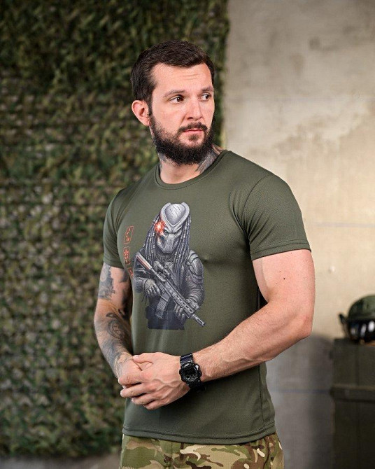 Тактическая мужская потоотводящая футболка картинка принт хищник олива Одесса - изображение 1