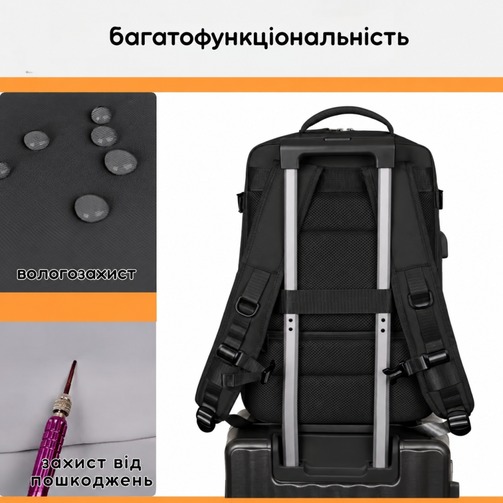 Рюкзак дорожный для ноутбука и аксессуаров для путешествий городской влагоcтойкий 40х20х25 см,чёрный Каменец-Подольский - изображение 8