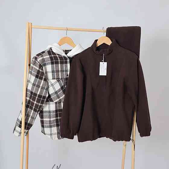 Флісовий жіночий коричневий костюм-трійка (худі+джогери+сорочка картата) 42/44 Кам'янець-Подільський