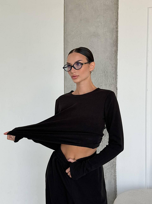 Женский теплый базовый костюм двойка из турецкого микрофлиса Черный Одесса - изображение 9