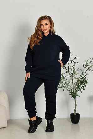 Женский прогулочный костюм: худи и штаны батал в спортивном стиле трехнитка на флисе Синий, 56/58 Одесса