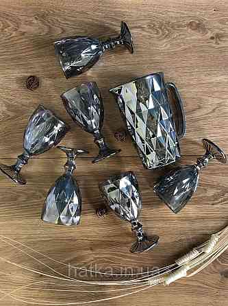 Набір 6 шт. келихів + глечик 1 л. «Дзеркальний Смарагд» 300 мл графітовий колір Київ