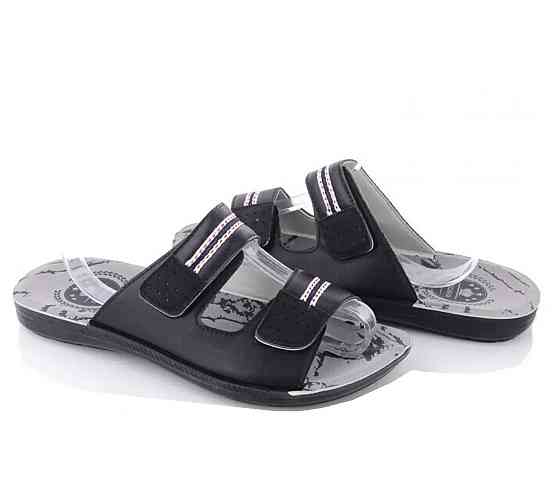 Мужские Шлёпанцы Тапочки Сланцы Чёрные Кожаные на Липучке (размеры: 41,42,43,44,45) Днепр