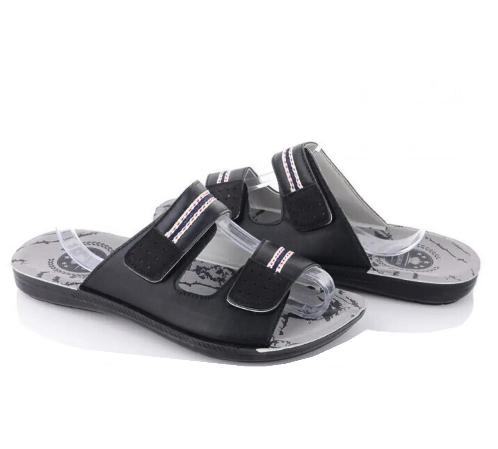 Мужские Шлёпанцы Тапочки Сланцы Чёрные Кожаные на Липучке (размеры: 41,42,43,44,45) Днепр - изображение 1