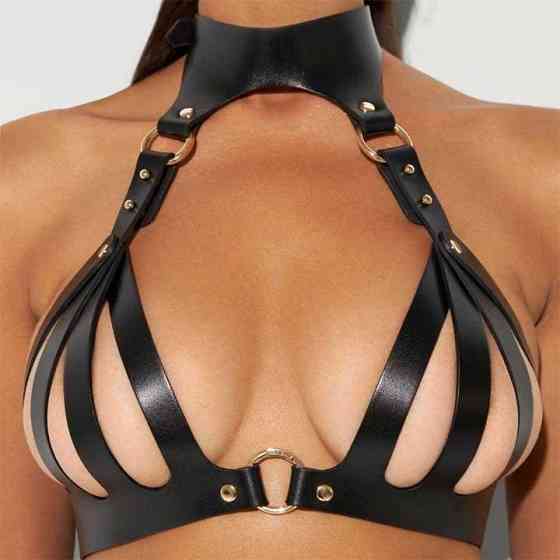 Комплект зі шкірозамінника: ліф і стринги з відкритим доступом Вінниця