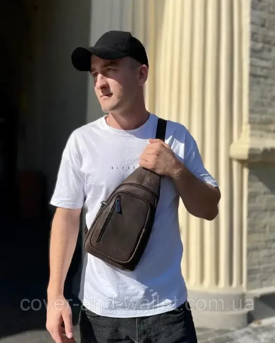 Стильный мужской слинг коричневого цвета из винтажной кожи Puos Киев - изображение 3