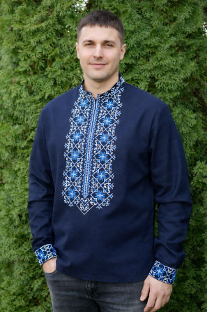 Чоловіча сучасна вишиванка темно-синя, з довгим рукавом натуральний льон, вишиванки чоловічі, льняна, сорочка вишита модна 62 Київ