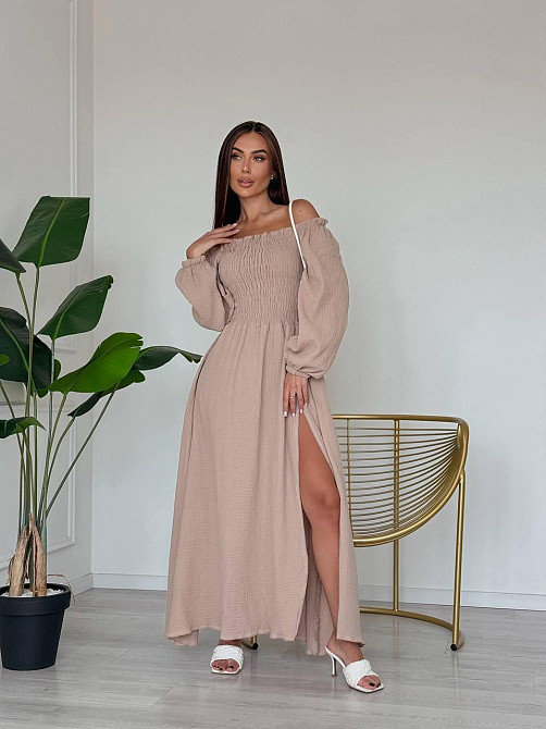 Жіноче романтичне плаття максі з натуральної тканини муслін 100% бавовна Беж, 46/48 Одеса - фото 9