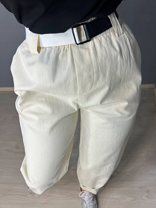 Брюки женские A-N 712 МОМ jeans широкие бананы облегченный тонкий коттон с ремнем молочные, молочний, L Киев - изображение 7