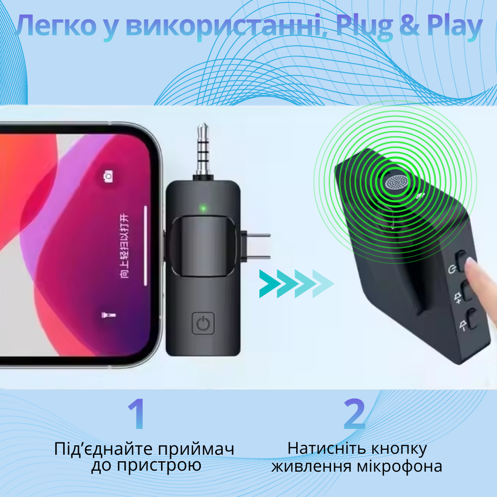 Микрофоны беспроводные петличные с шумоподавлением ONELEADER F11-2,подключение разъём 3в1 Type C, 3.5mm Headphone,Lightning Кам'янець-Подільський - фото 4