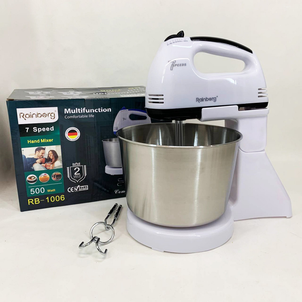 Стаціонарний електричний міксер із чашею Rainberg RB-1006 500W з насадками для замішування тіста Black MA-83 Львів - фото 14