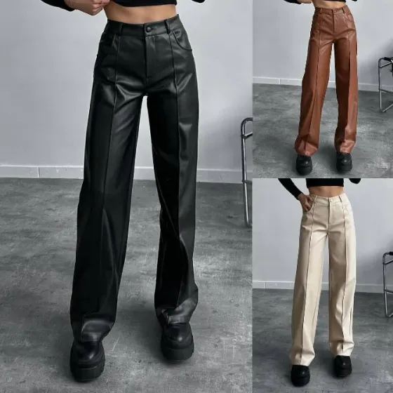 Прямые женские эко-кожаные брюки с флисом и стрелами Харьков