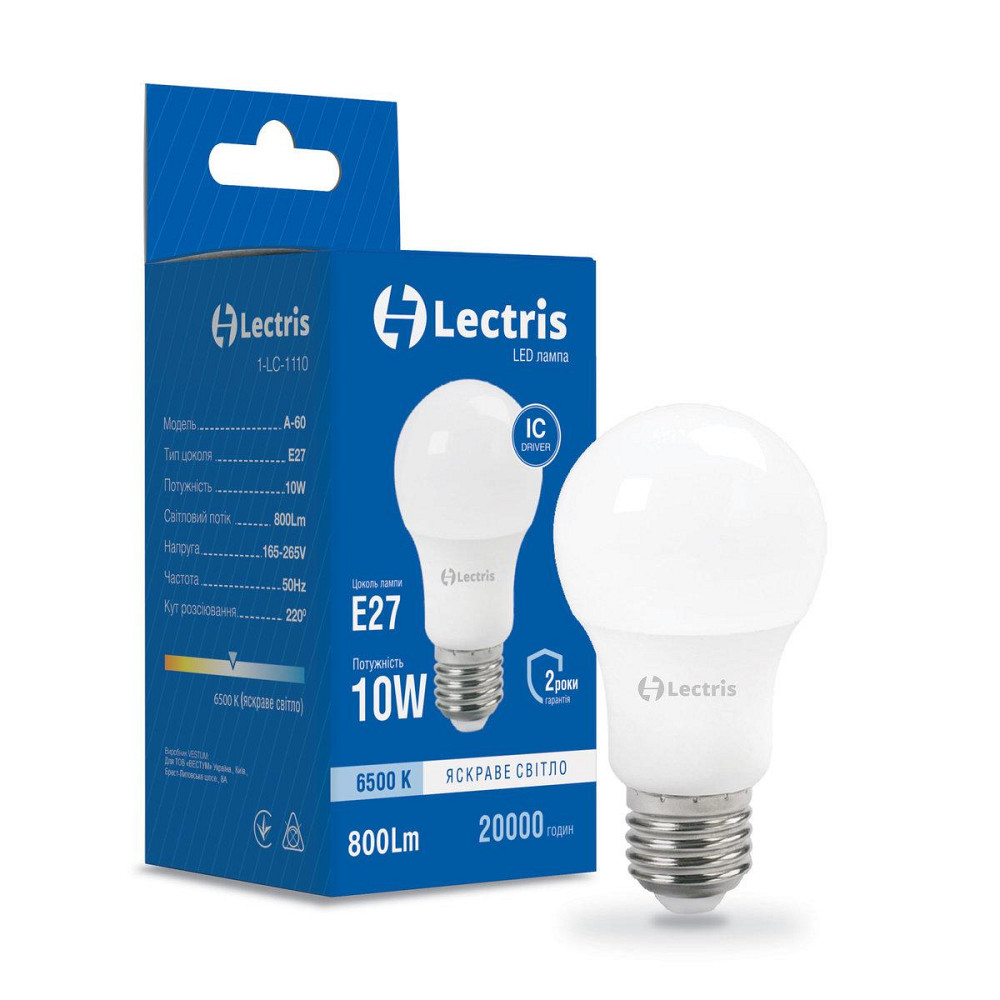 Світлодіодна лампа 220в 10W 6500K A60 Lectris Київ - фото 1