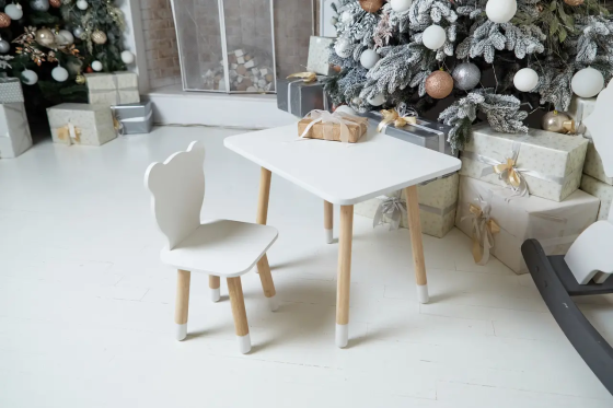 Дитячий прямокутний столик (Білий) та стільчик Ведмедик (Білий) Київ