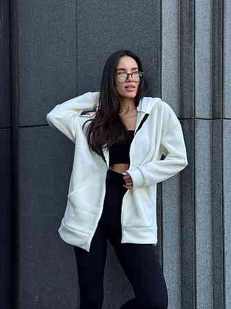 Жіноча тепла кофта оверсайз із капюшоном на блискавці турецький фліс Молочний, 46/48 Одеса