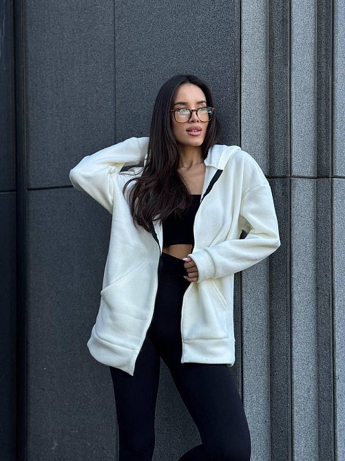 Женская теплая кофта оверсайз с капюшоном на молнии турецкий флис Молочный, 46/48 Одесса - изображение 2