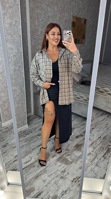 Женская оверсайз рубашка в клетку турецкая фланель Беж, 50/56 Одесса - изображение 6