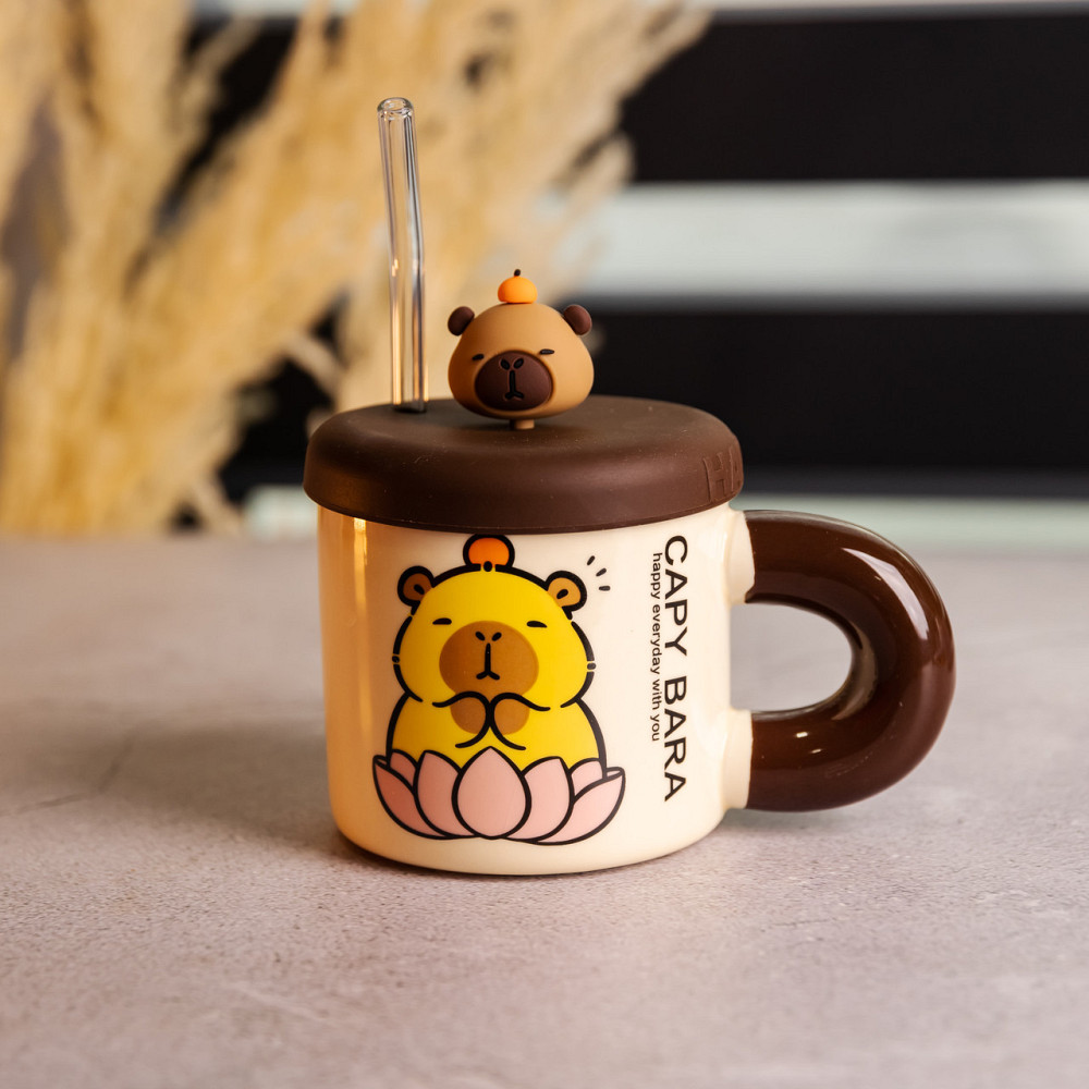 Чашка фарфоровая с крышкой и трубочкой Капибара в лотосе 300 (мл) подарочная кружка прикольная чашка для детей на подарок FM-27B Киев - изображение 2
