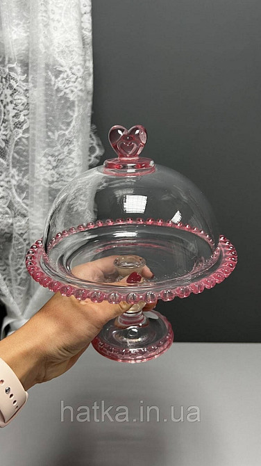 Тортівниця кришка+підставка для торта «Рожеве Серце» 19.5 см прозоре з рожевим обідком у вигляді серця Київ - фото 6