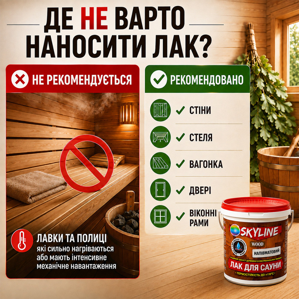 Лак для сауны SkyLine WOOD 3 л — акриловый полуматовый лак для дерева, прозрачный, без запаха, термостойкий до +110°C Харьков - изображение 7