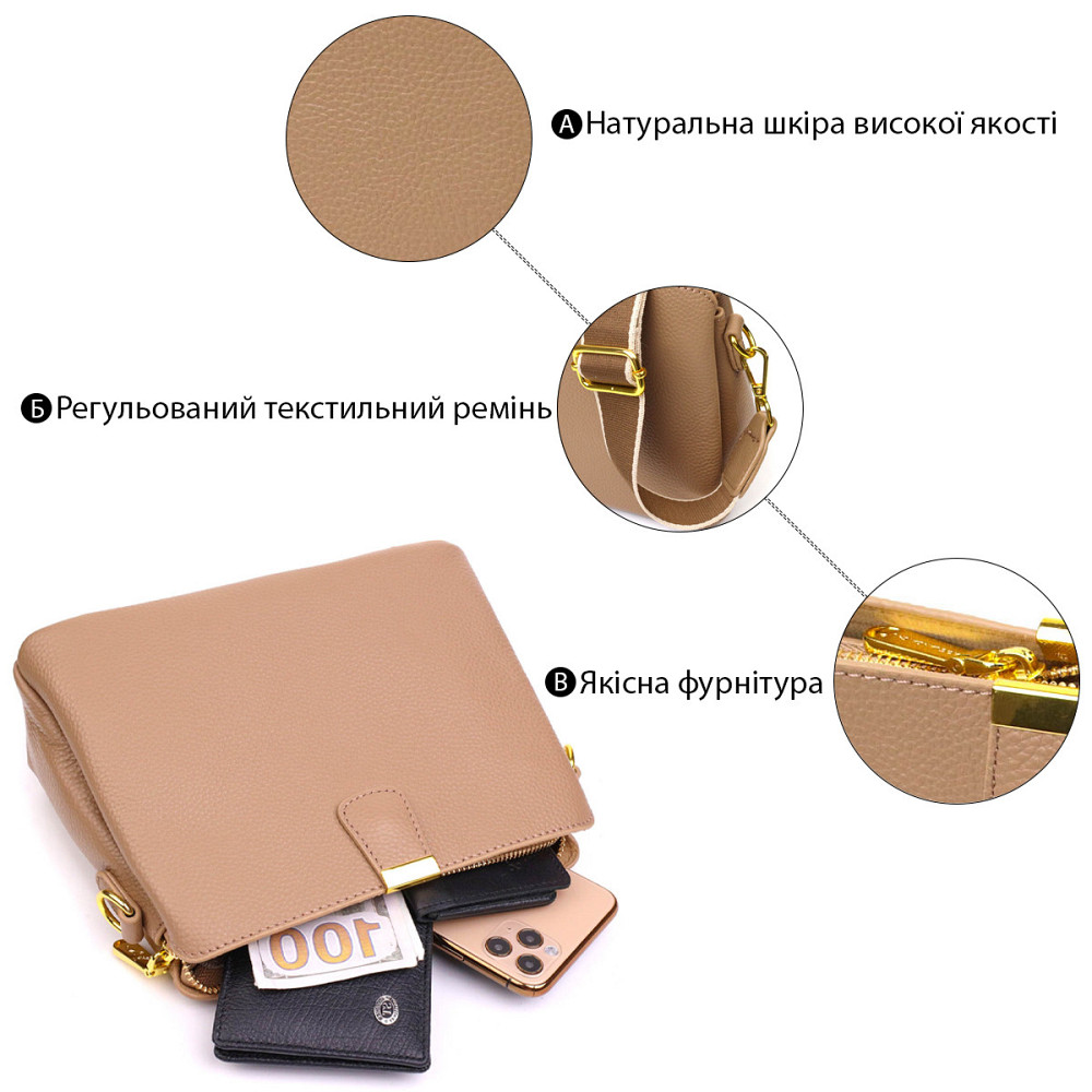 Жіноча модна сумка на три відділення з натуральної шкіри 22106 Vintage Бежева Київ - фото 5