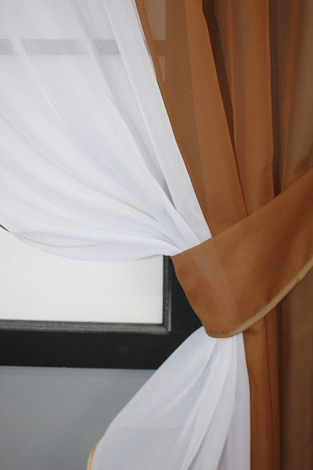 Кухонные шторы VR-Textil № 017к комбинированные с подвязками коричневый с белым 265х170 см (50-021) Киев - изображение 3