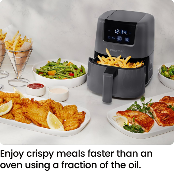 Аерофритюрниця Chefman TurboFry 2 л, 900 Вт, 80–205°C, цифрове сенсорне керування, таймер, нагадування про струшування, сіра Київ