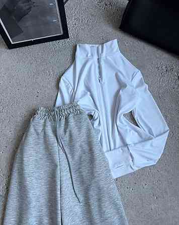 Женский стильный повседневный костюм двойка двунить Бело-серый Одесса