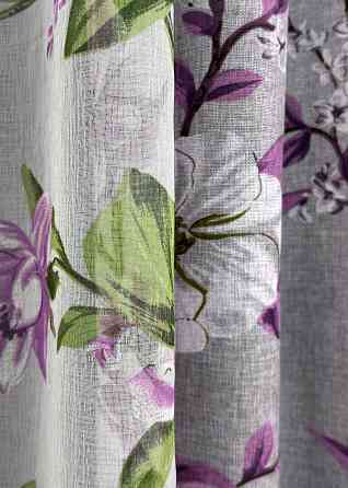 Комплект штор VR-Textil Лен Прованс 100х265 2шт и Тюль 400х265 1820ш-1802т Серый с фиолетовым и белым 71-109/2 Киев