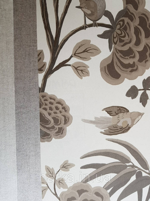 Шпалери флізелінові Decoprint екологічно чисті Daimon квіти листя гілки птиці бежеві, сірі на молочному Київ - фото 2