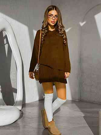 Жіночий трендовий костюм спідниця плісе з високою талією + оверсайз светр Шоколад Одеса