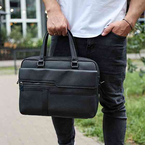 Мужская деловая сумка из кожи 39х29х10, классический портфель для ноутбука и офиса, черный Киев