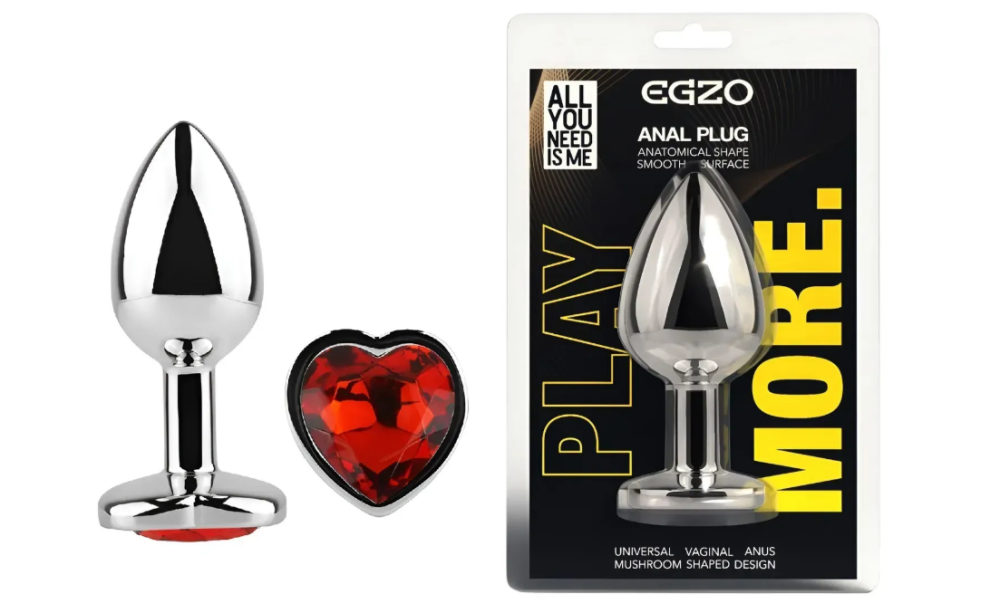 Анальна пробка із кристалом EGZO - Silver Heart Plug Red size M Sex Aura Київ - фото 1