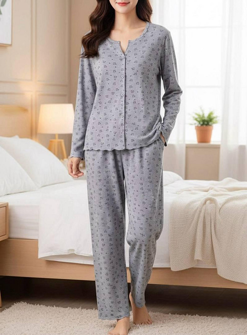 Жіноча затишна трикотажна піжама подвійна з принтом Сірий 2, 48 Одеса - фото 1